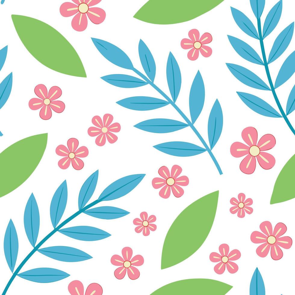 Pretty Pink Flowers, Blue Leaves, Green Foliage, Seamless Pattern vector