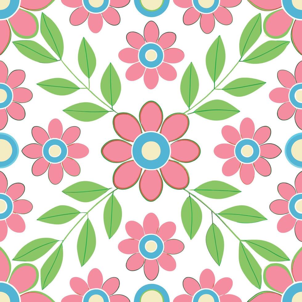 Pretty Pink Flowers, Green Leaves, Floral Pattern Design vector