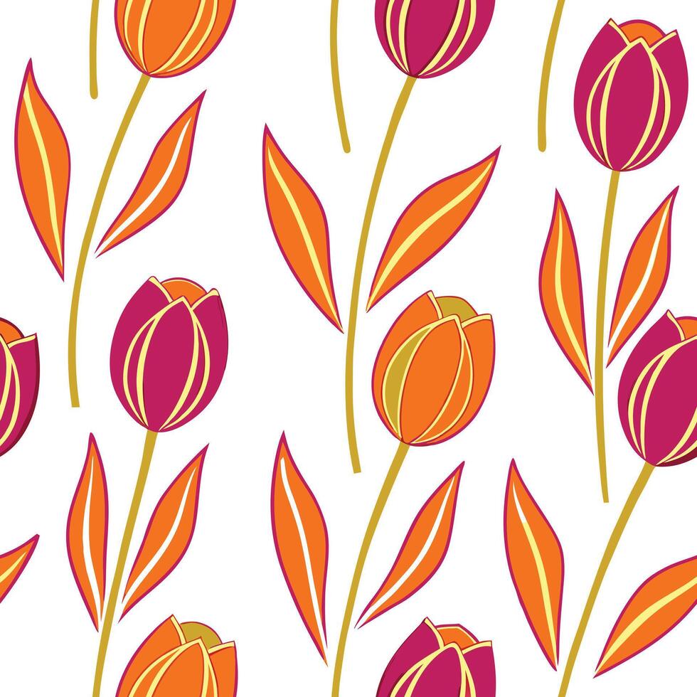 Orange and Magenta Tulip Floral Pattern Seamless Design vector