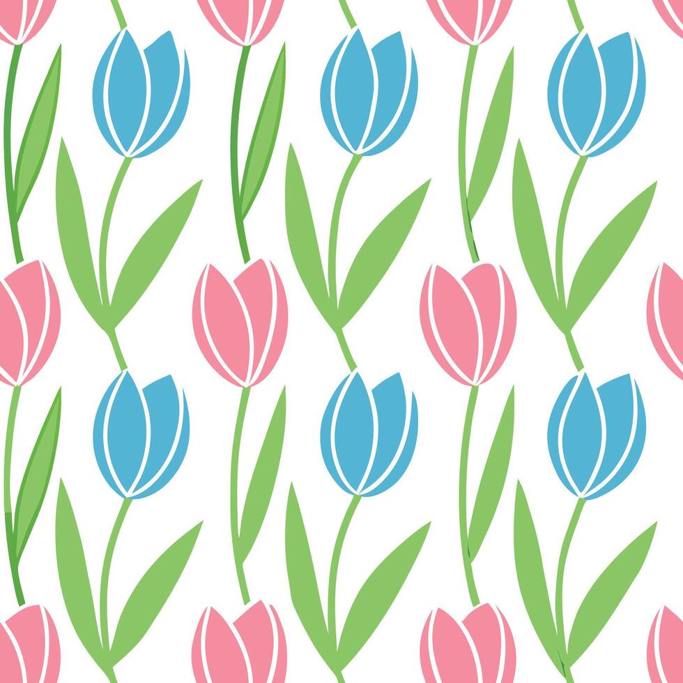 Seamless Pattern Pink Blue Tulips Spring Floral Design vector