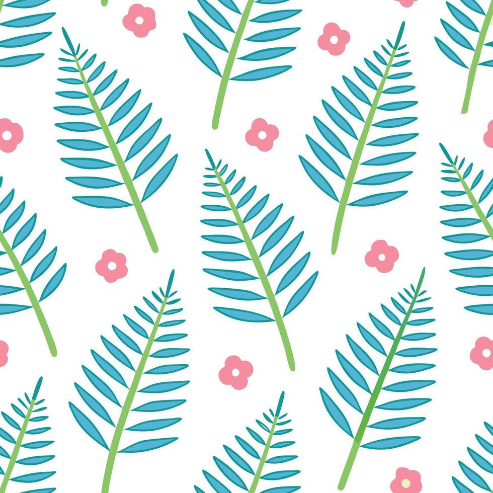 Seamless Teal Fern Leaves and Pink Flowers Pattern Design vector