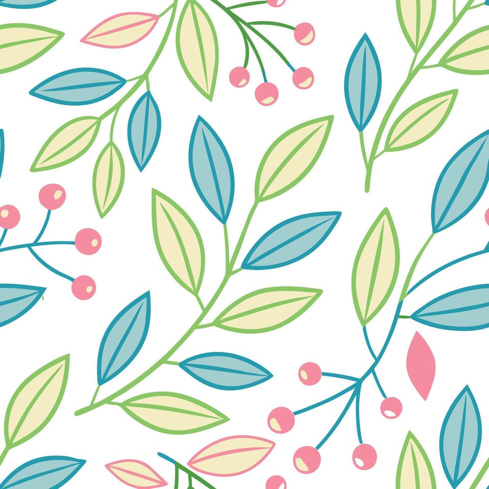 Pastel Leaves, Berries, Branches Seamless Spring Floral Pattern vector