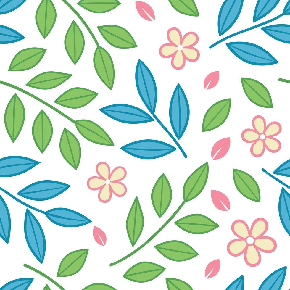 Seamless Spring Floral Pattern Green Leaves, Blue Branches, Pink Flowers vector