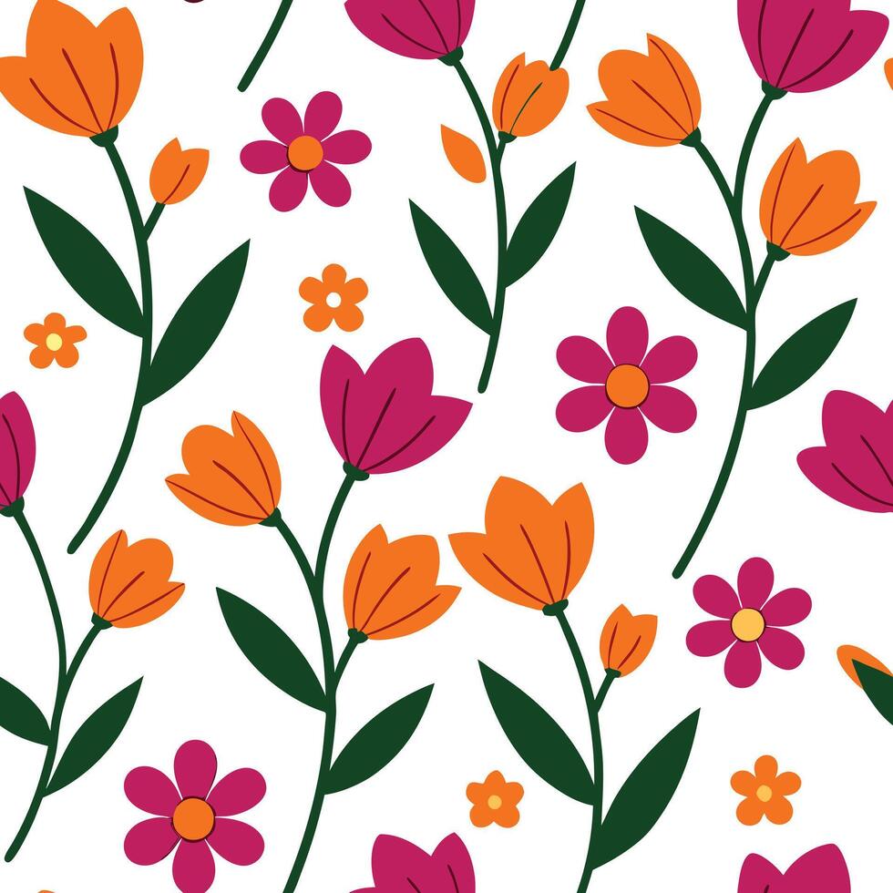Vibrant Floral Seamless Pattern Orange, Pink Tulips and Flowers vector