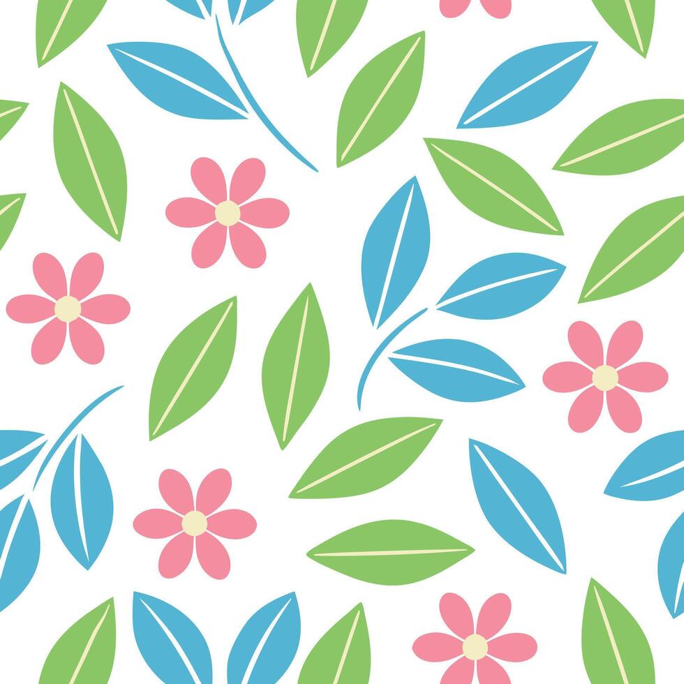 Pastel Flowers, Green and Blue Leaves, Seamless Pattern Design vector
