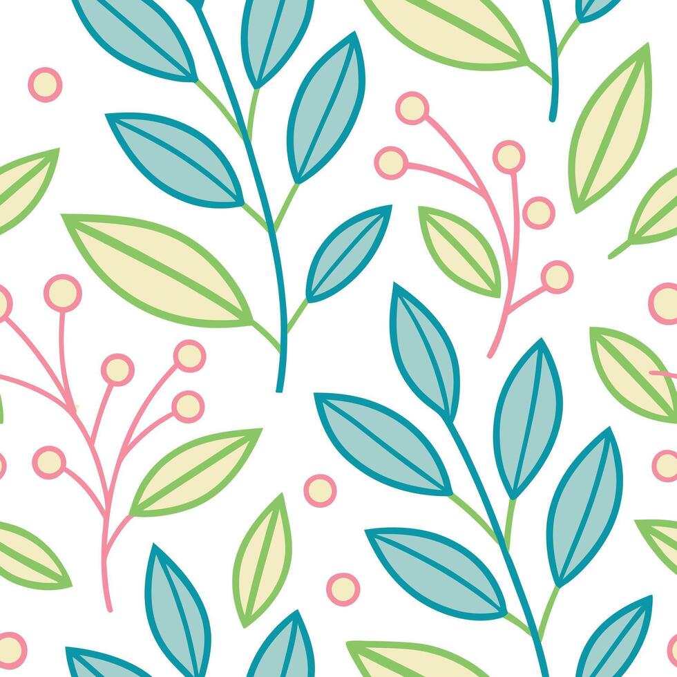 Seamless Pastel Floral Pattern Teal, Green Leaves and Berries vector