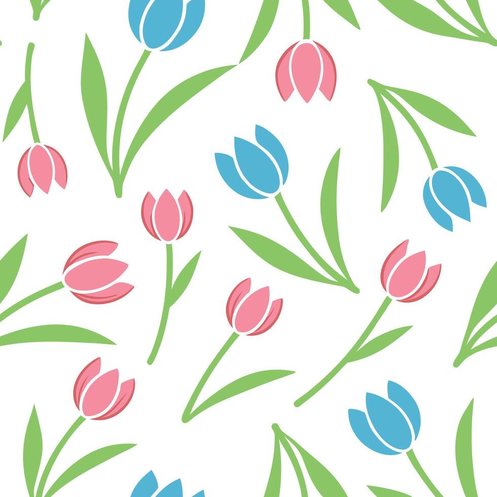 Pink and Blue Tulip Seamless Pattern Spring Floral Design vector