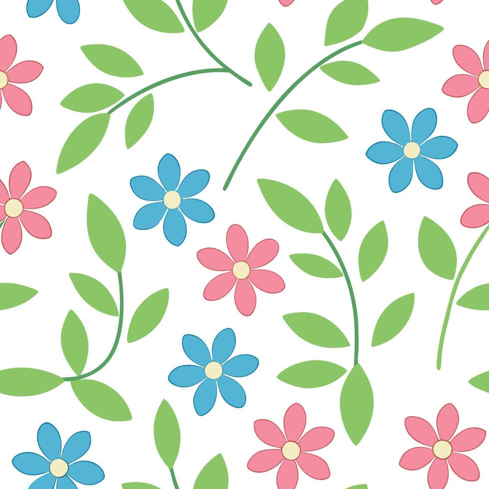 Seamless Pastel Floral Pattern Pink, Blue Flowers and Green Leaves vector