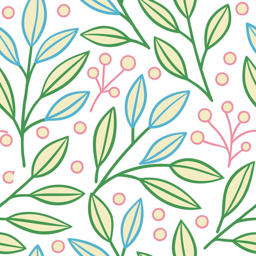 Seamless Pastel Floral Pattern Leaves, Branches, Berries Design vector