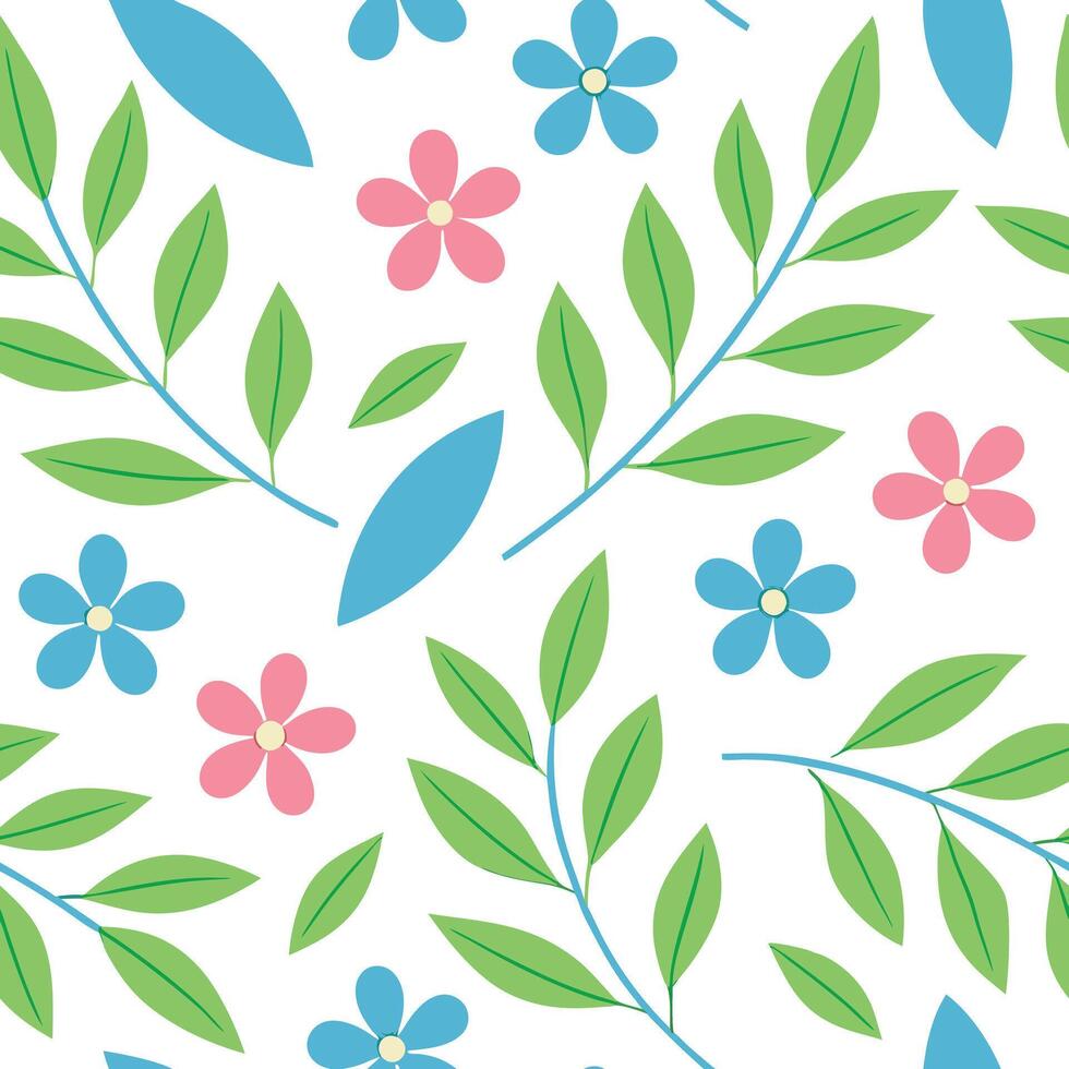 Seamless Spring Floral Pattern Pink, Blue Flowers, Green Leaves vector