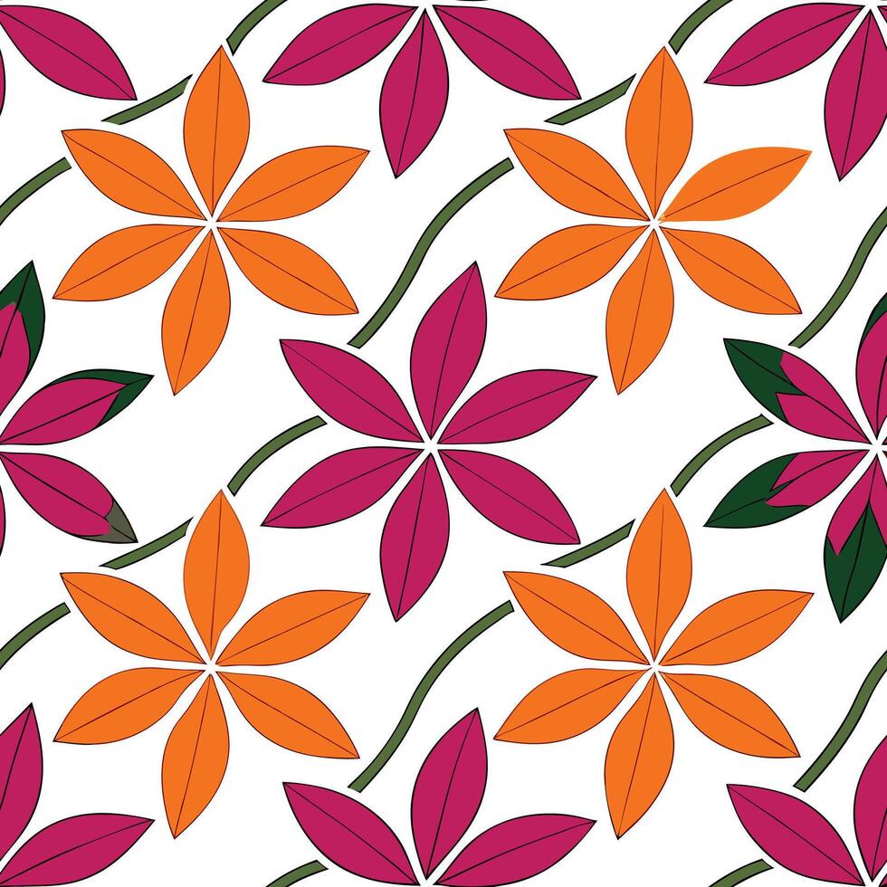 Vibrant Floral Pattern Orange, Pink, Green Leaf Design vector