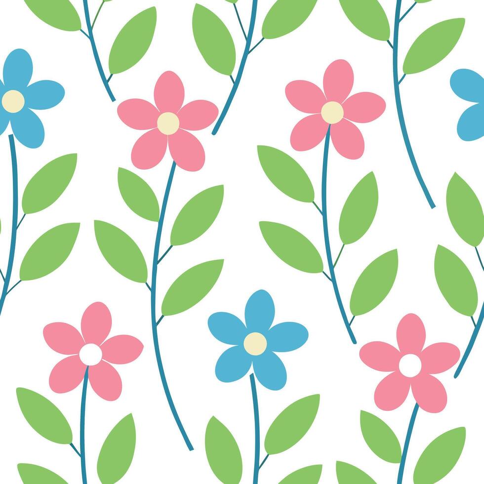 Seamless Pattern Pink, Blue Flowers, Green Leaves, Floral Design vector
