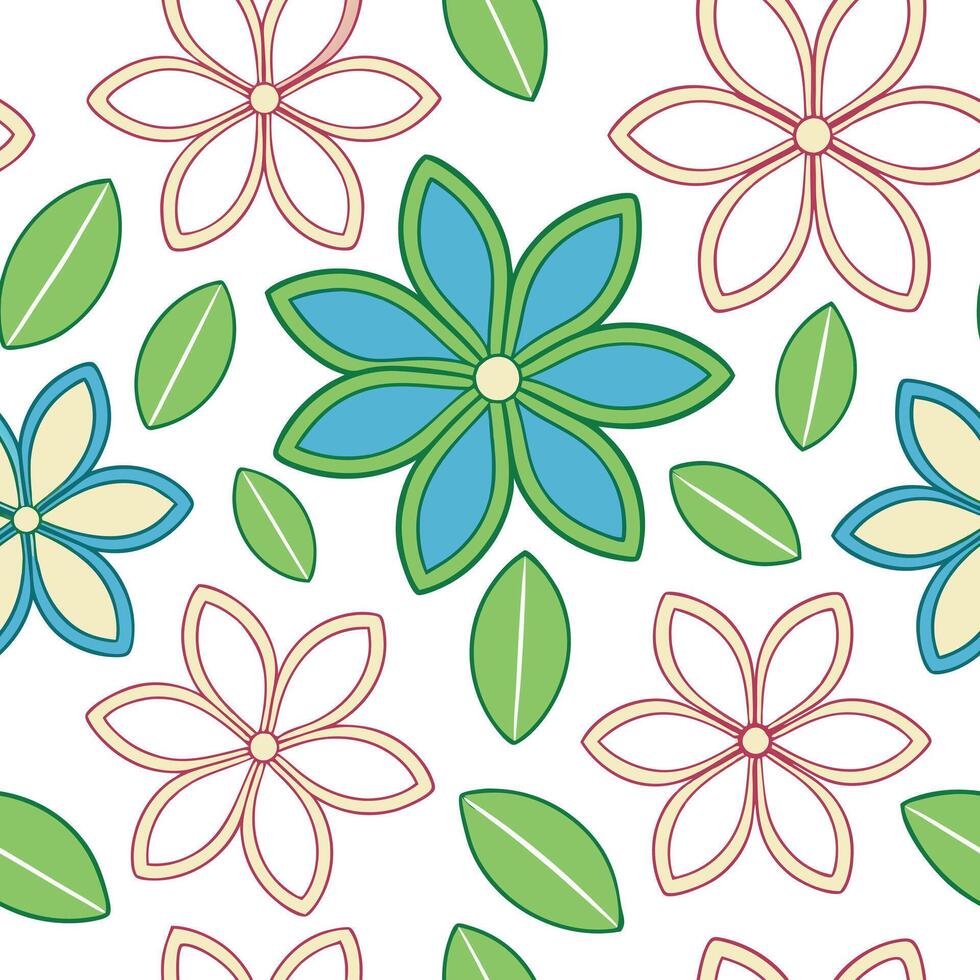 Floral Seamless Pattern Colorful Flowers, Green Leaves, White Background vector