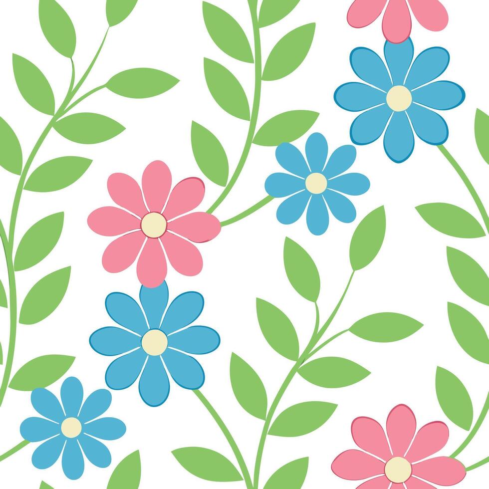 Pastel Pink, Blue Flowers, Green Leaves, Seamless Pattern, Spring, Floral Design, Botanical, Nature, vector