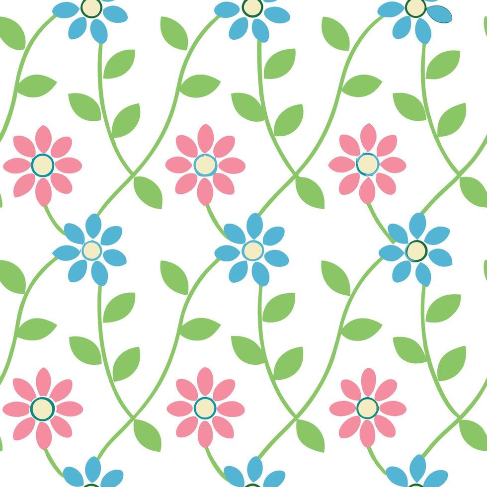 Floral Seamless Pattern Pink, Blue Flowers, Green Vines, White Background vector