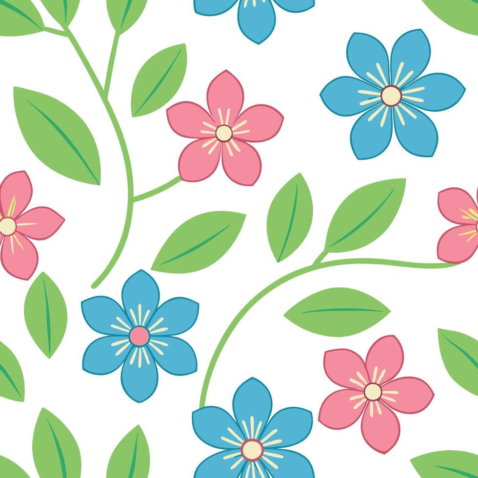 Pastel Floral Seamless Pattern Pink, Blue Flowers, Leaves vector