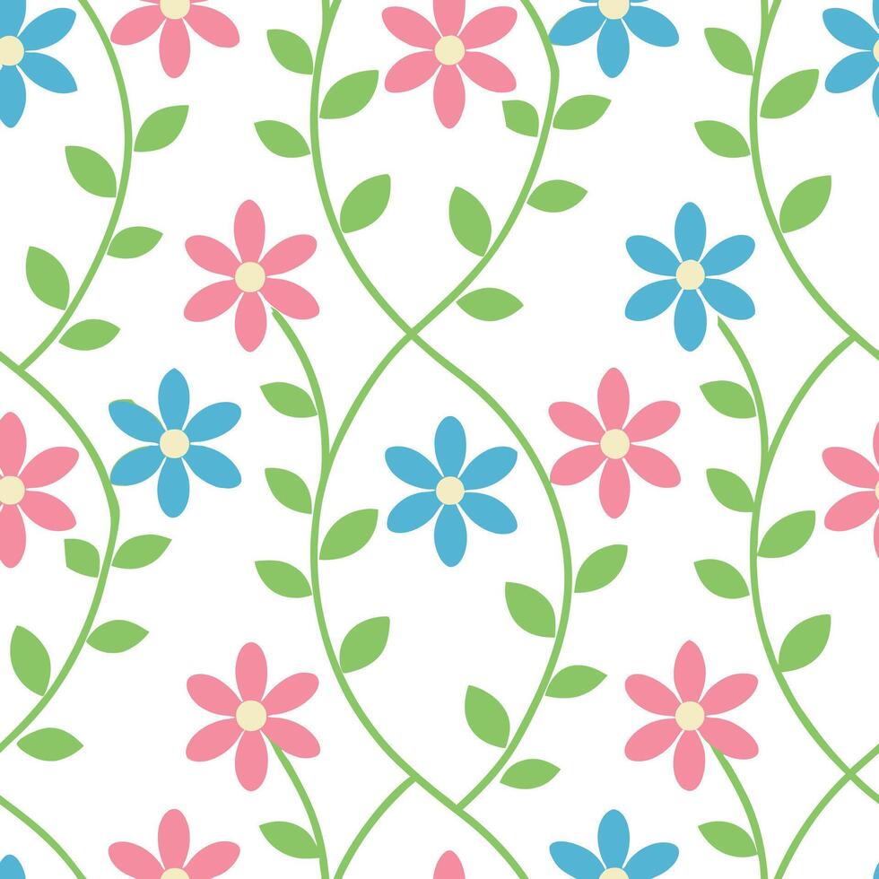 Pretty Pink Blue Flower Vine Seamless Pattern Design vector