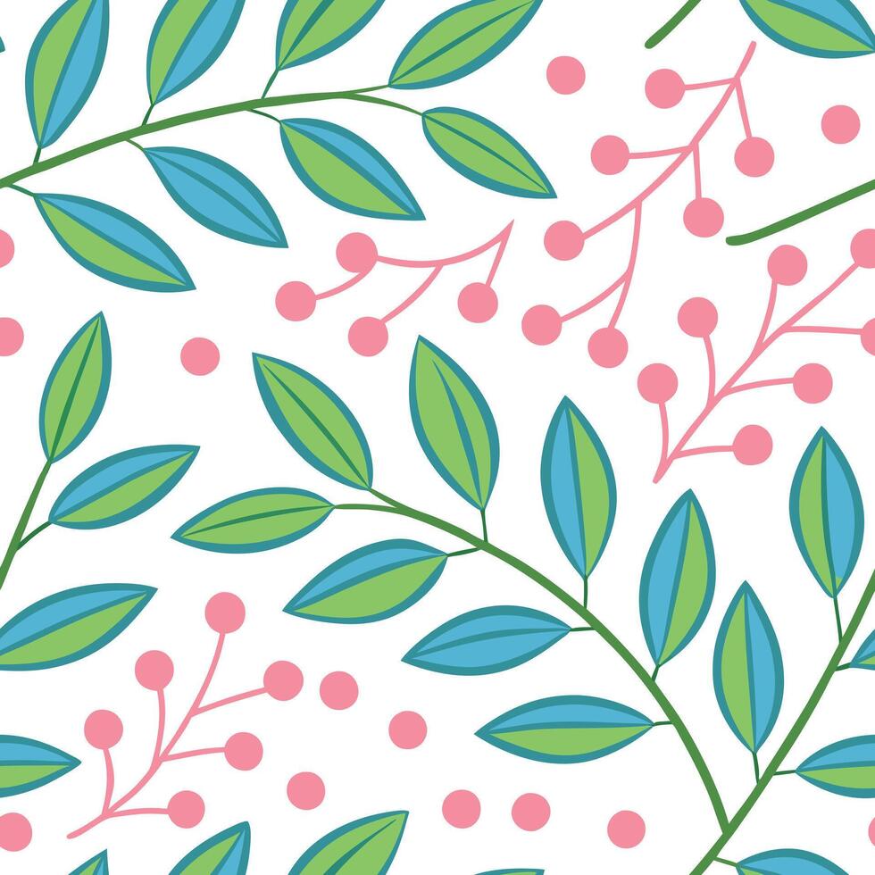Seamless Pattern Teal, Green Leaves, Pink Berries, White Background vector