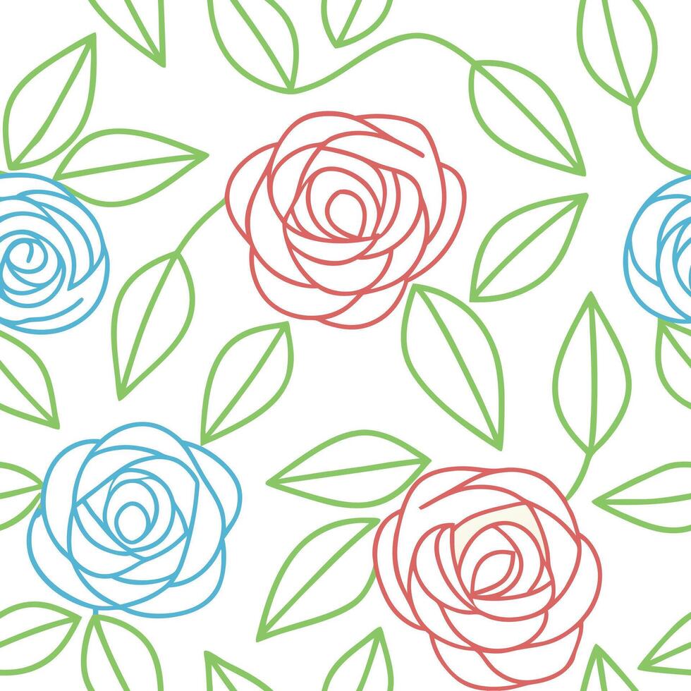 Seamless Pattern Red, Blue Roses, Green Leaves, Floral Design vector
