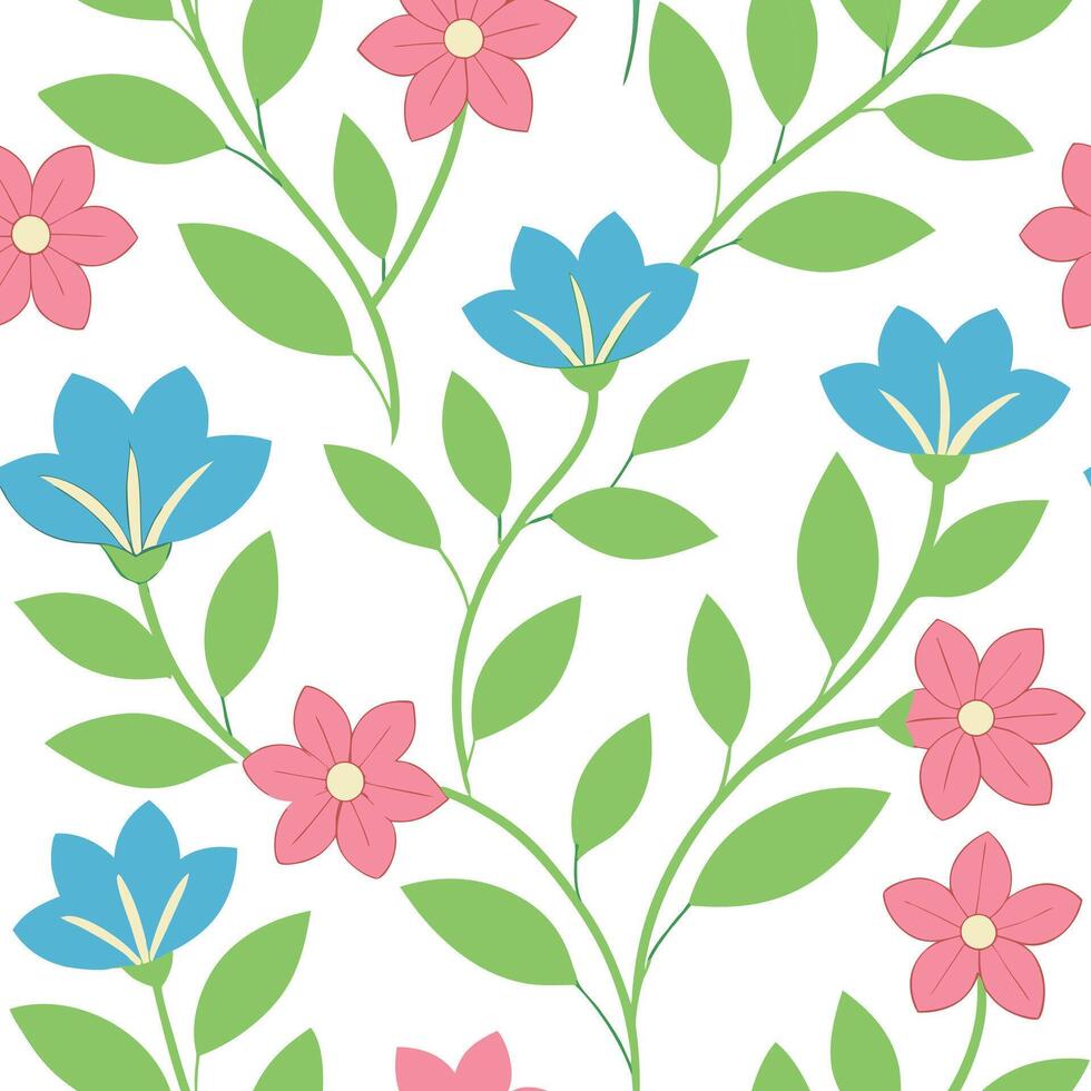 Seamless Pattern Blue Pink Flowers, Green Leaves, White Background vector