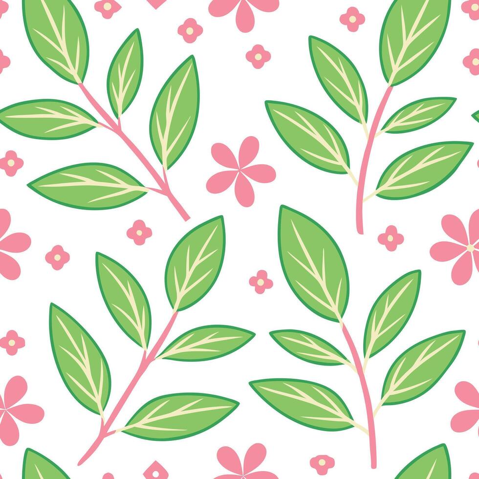 Seamless Pattern Pink Flowers and Green Leaves Botanical Design vector
