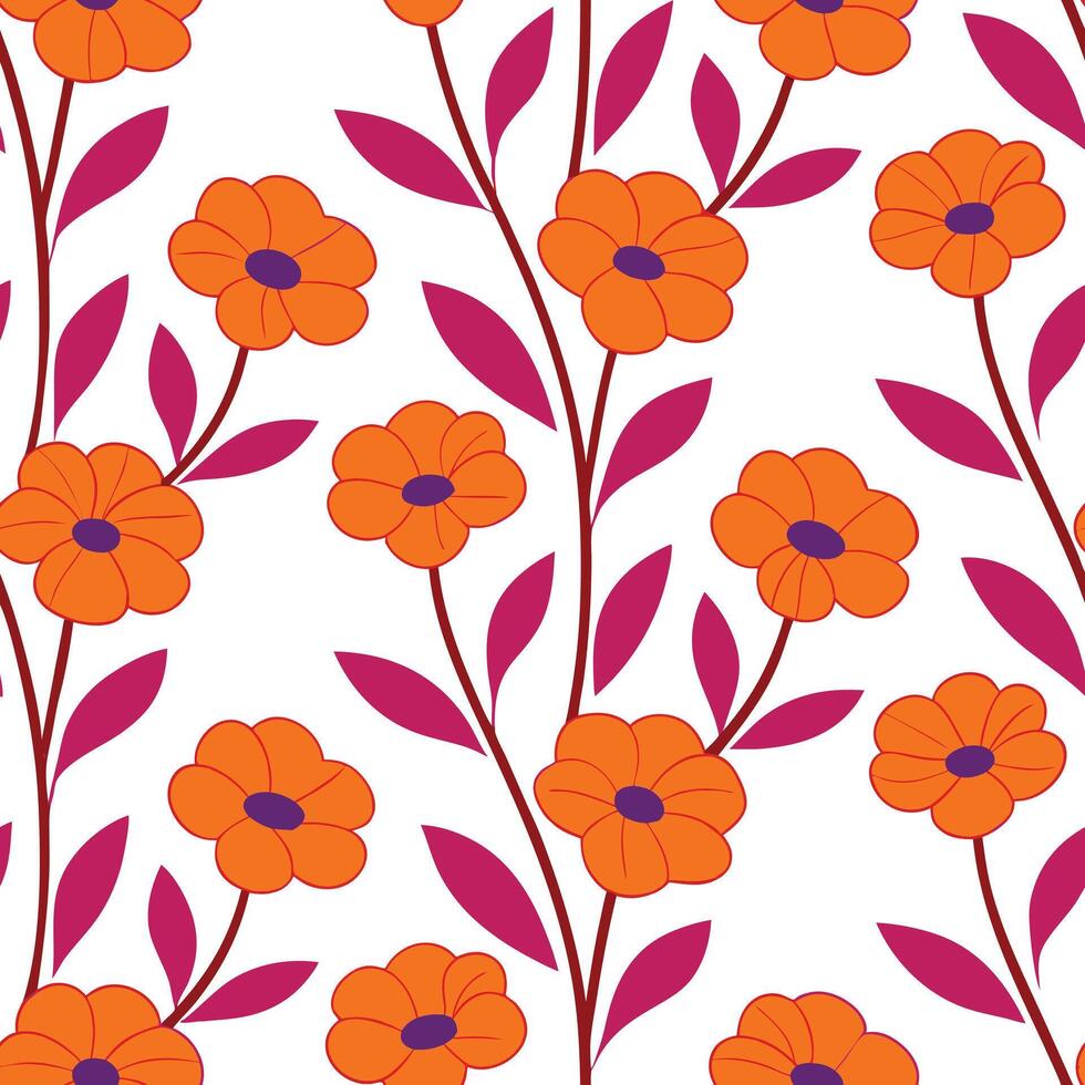 Orange Floral Pattern Seamless Textile Design with Pink Leaves vector