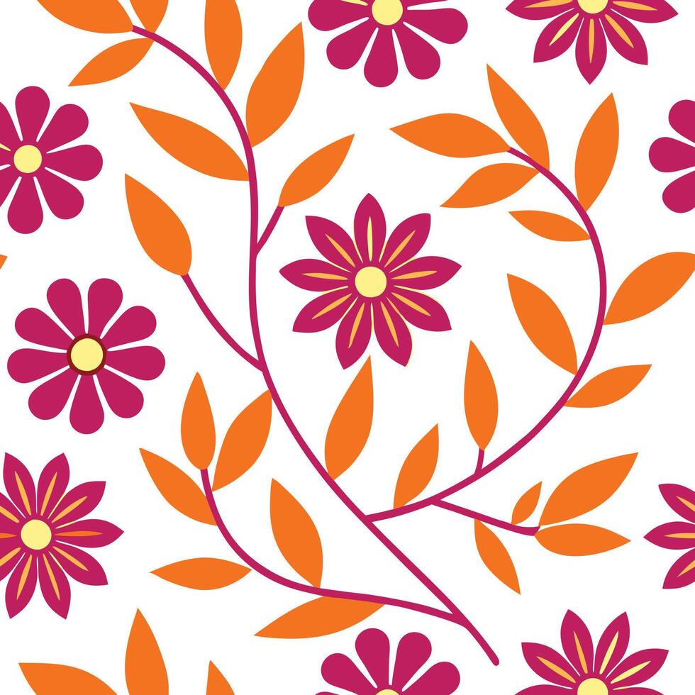 Vibrant Floral Pattern Pink Flowers, Orange Leaves, White Background vector