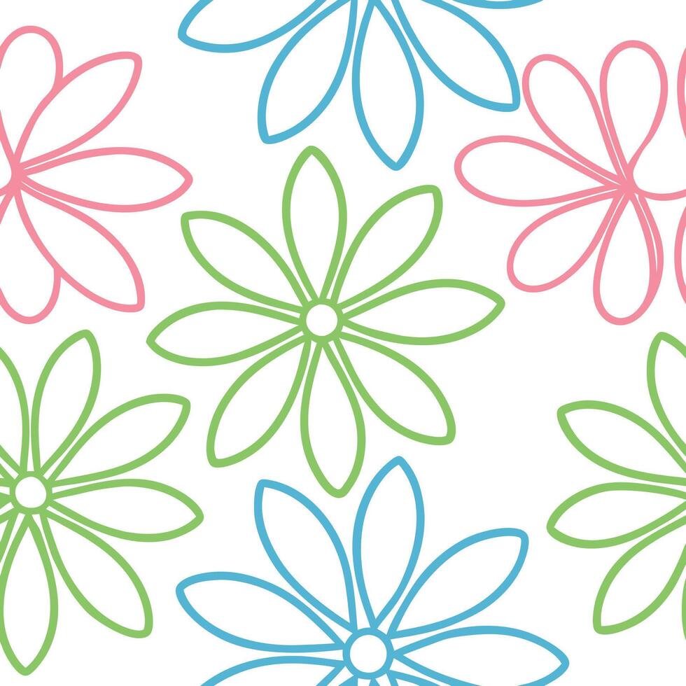 Pastel Flower Outline Seamless Pattern Pink, Green, Blue vector