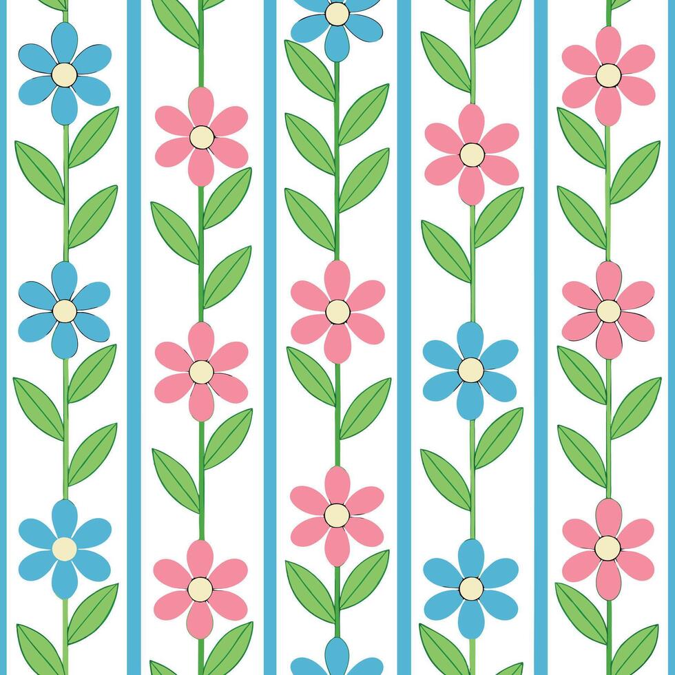 Pretty Pink and Blue Flower Vines Seamless Pattern Design vector