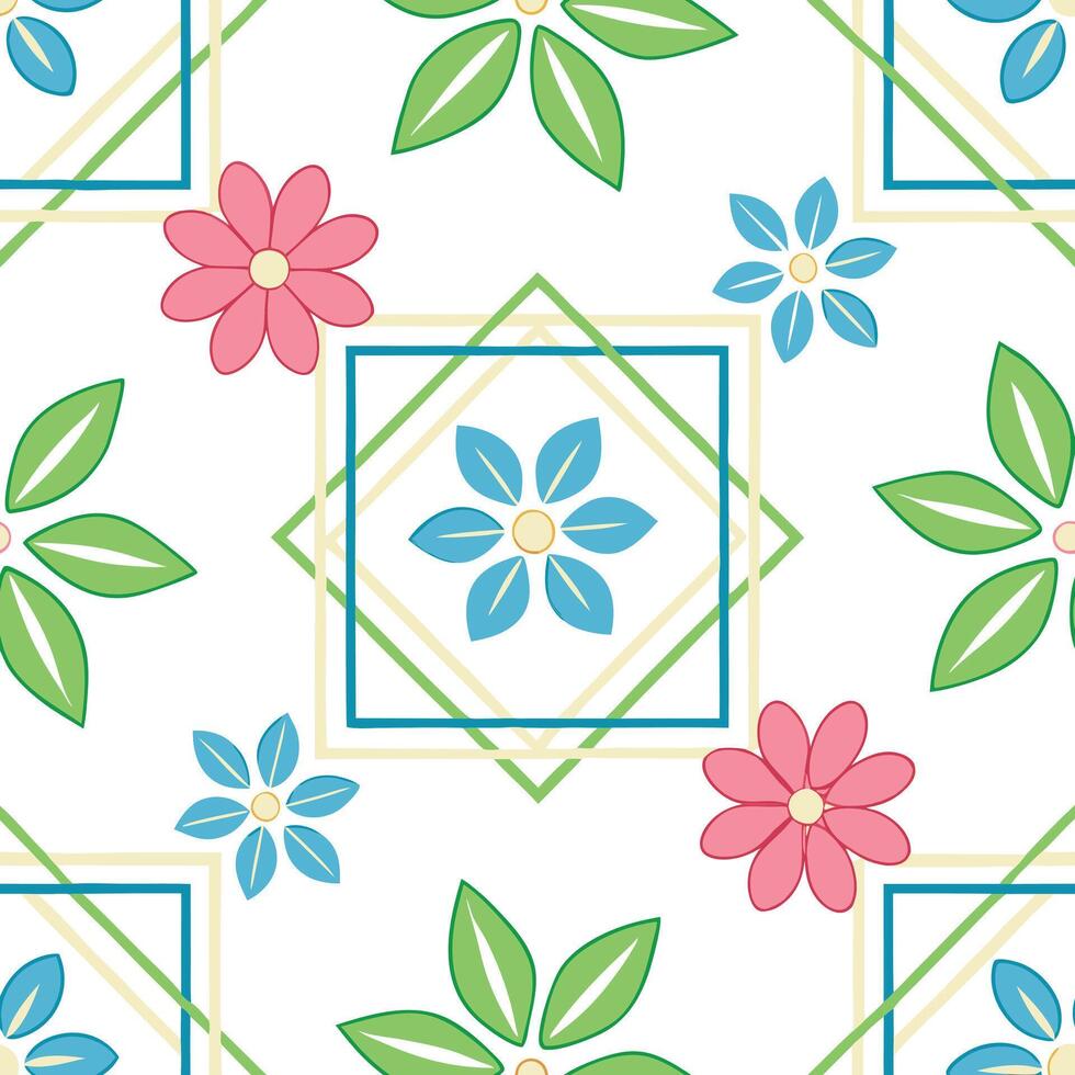 Floral Geometric Pattern Seamless Design with Pink, Blue Flowers vector