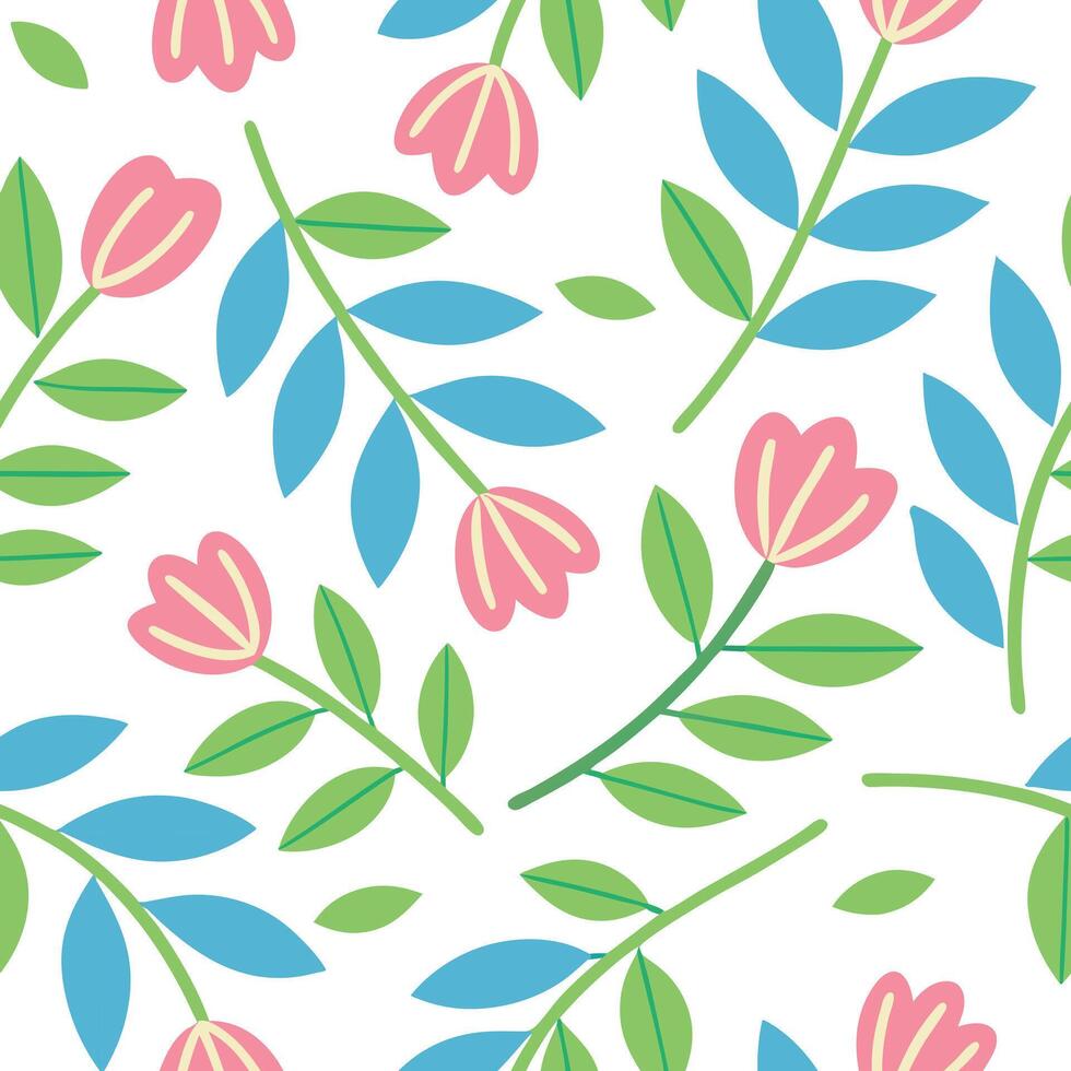 Pink Tulips, Green Leaves, Blue Branches Seamless Floral Pattern vector
