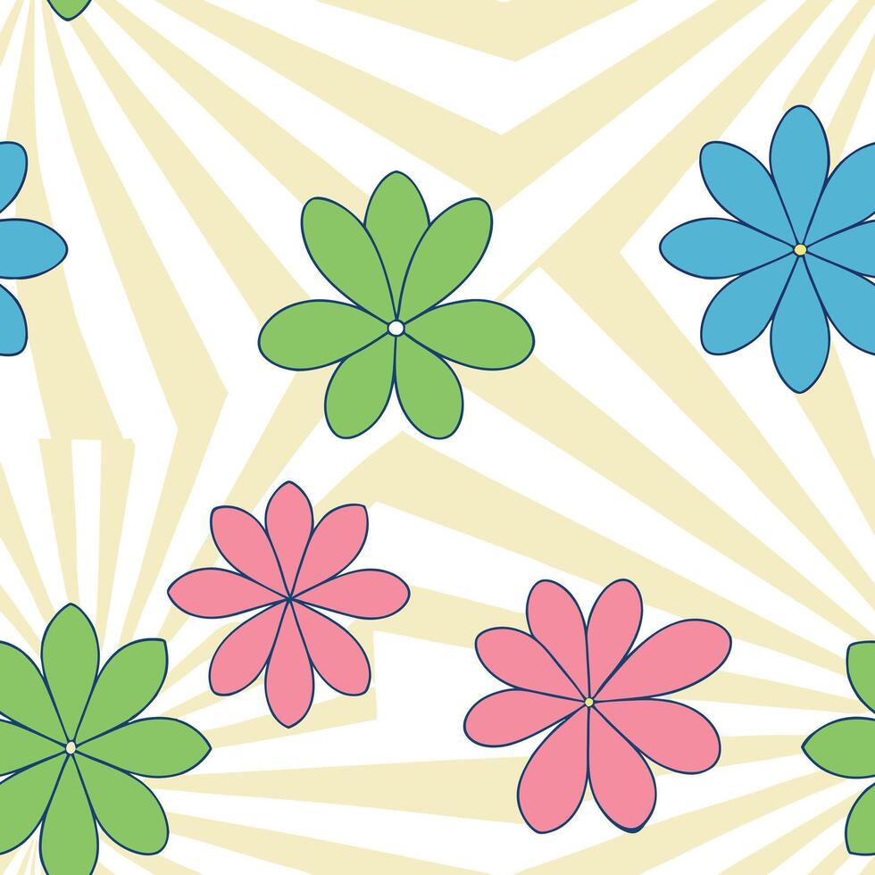 Colorful Retro Floral Pattern Sunburst, Flowers, Design, Style, Background, Spring, Summer, Texture, vector
