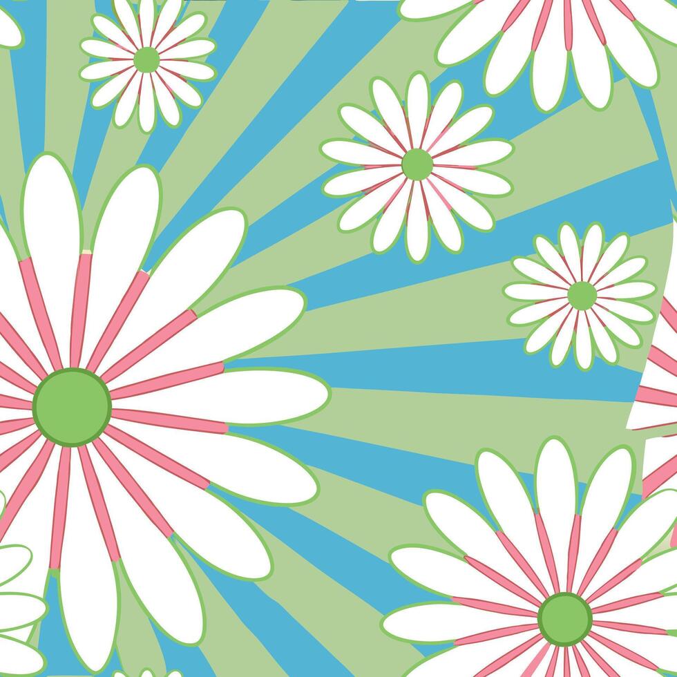 Retro Daisy Flower Pattern Sunburst, Pastel, Spring Floral Design vector