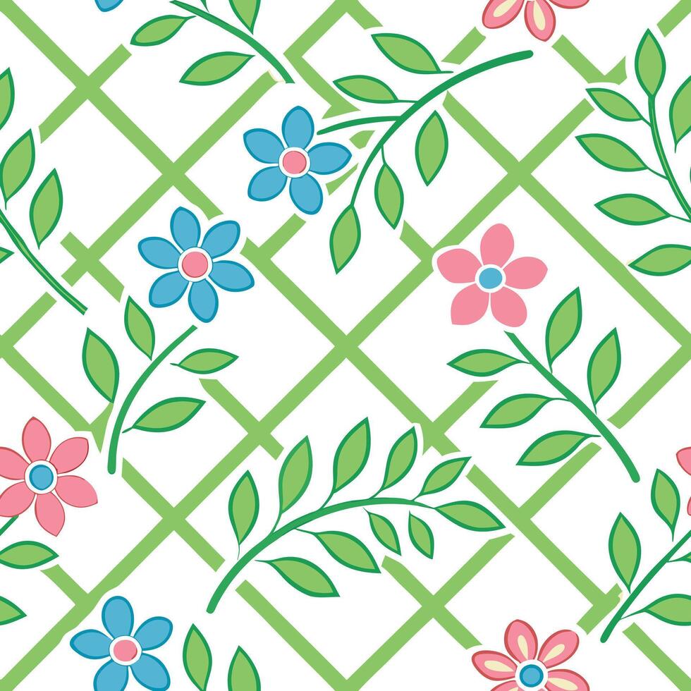 Spring Floral Pattern Green Lattice, Blue, Pink Flowers vector