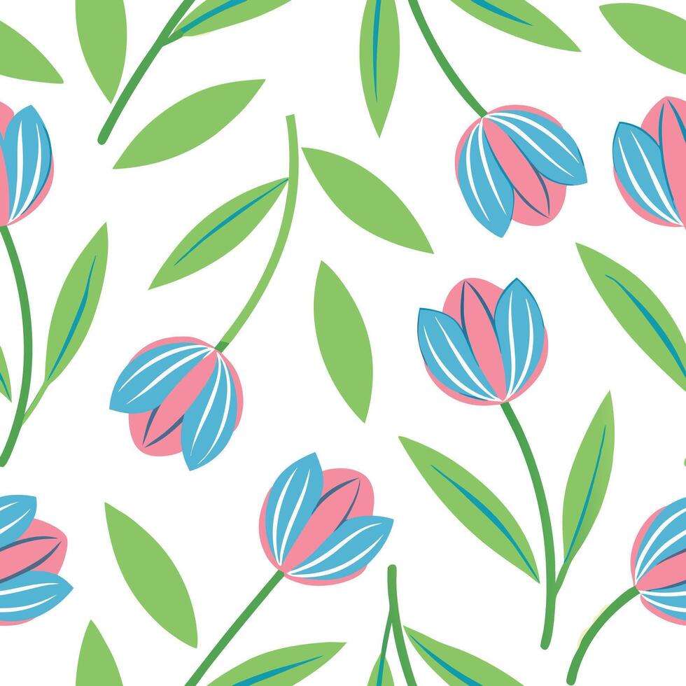 Pink Blue Tulip Floral Pattern Seamless Spring Design vector