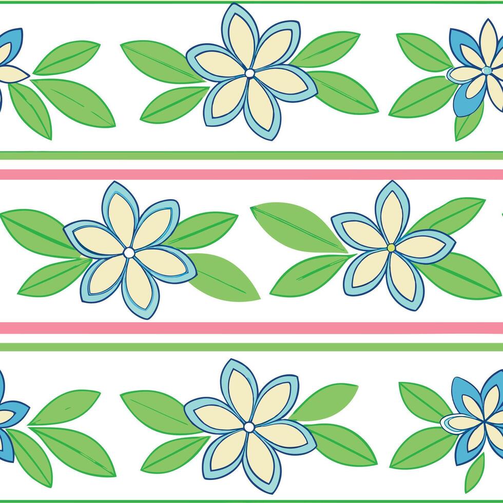 Floral Border Design Blue, Yellow Flowers, Green Leaves, Pink Stripes vector
