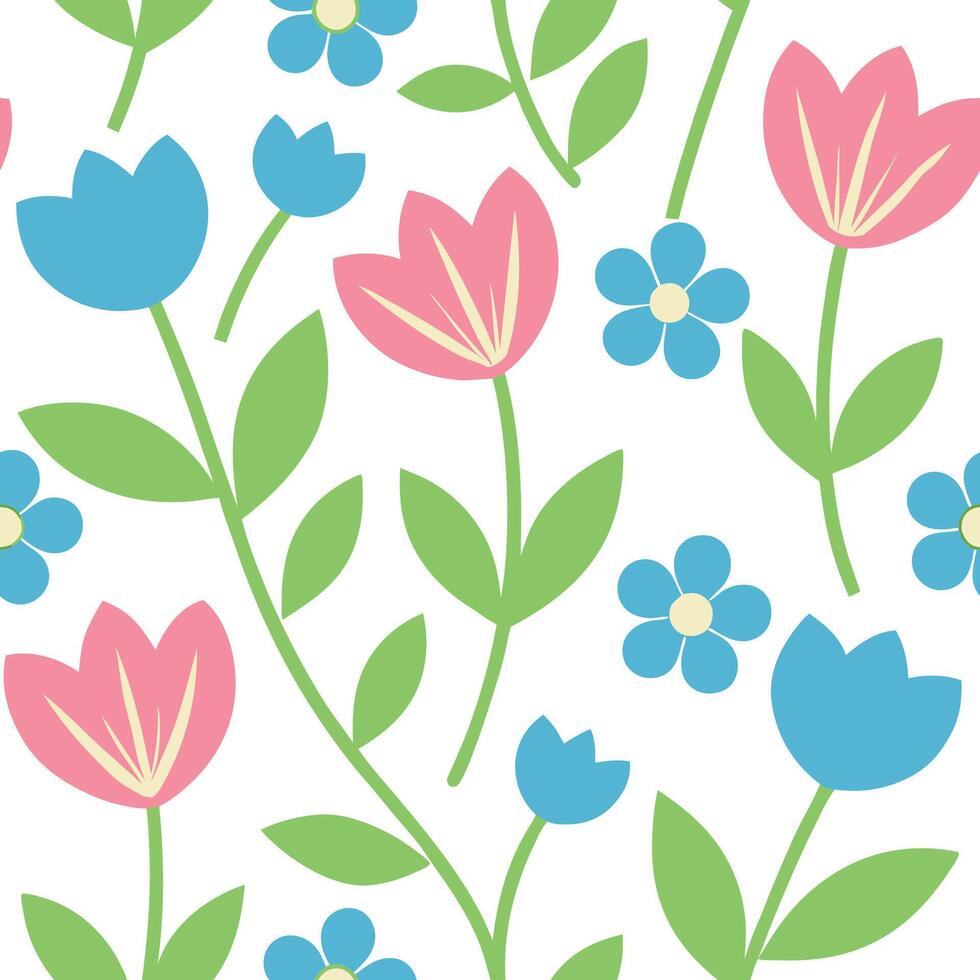 Pretty Pastel Tulips and Flowers Seamless Pattern Design vector