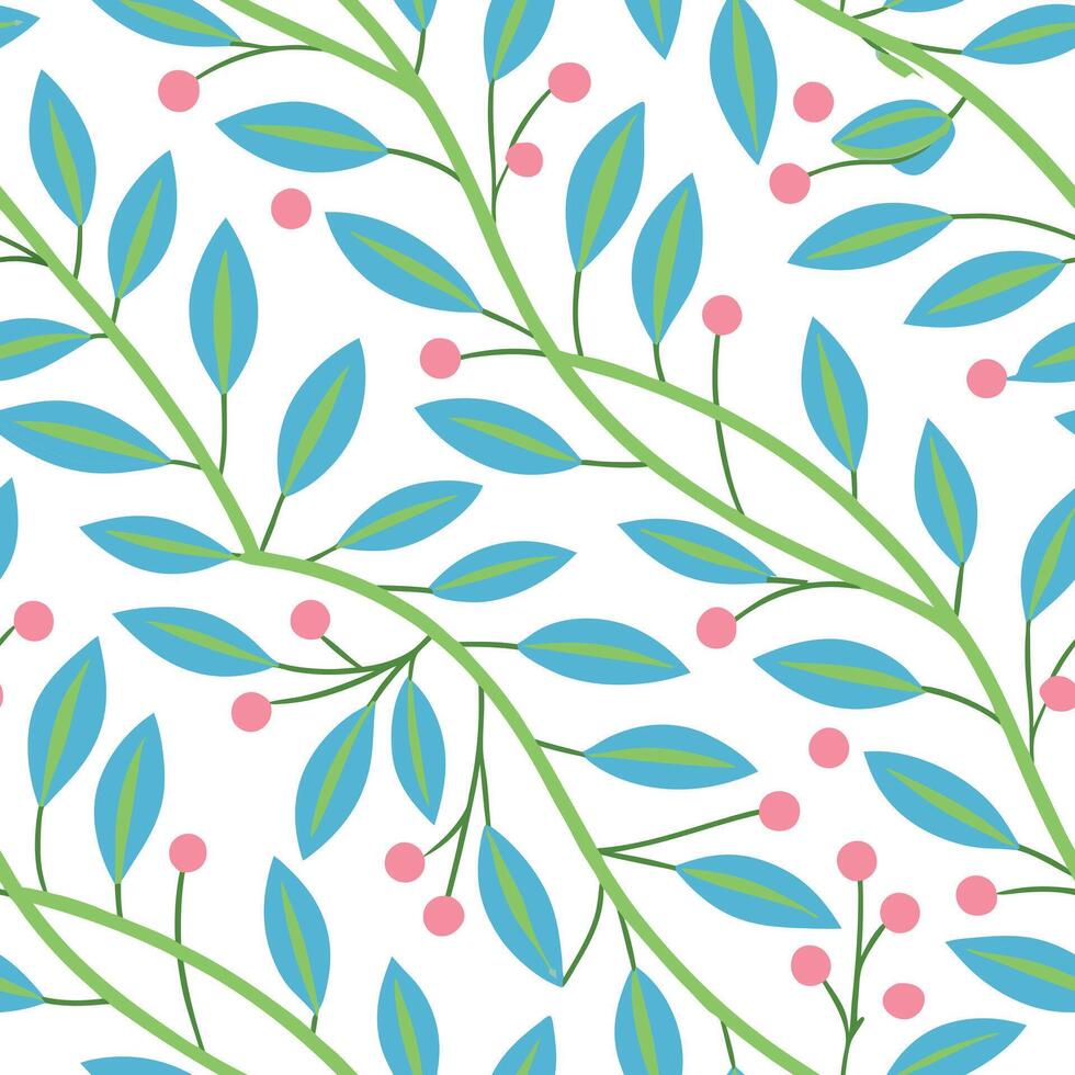 Seamless Pattern Blue Leaves, Pink Berries, Elegant Branches vector
