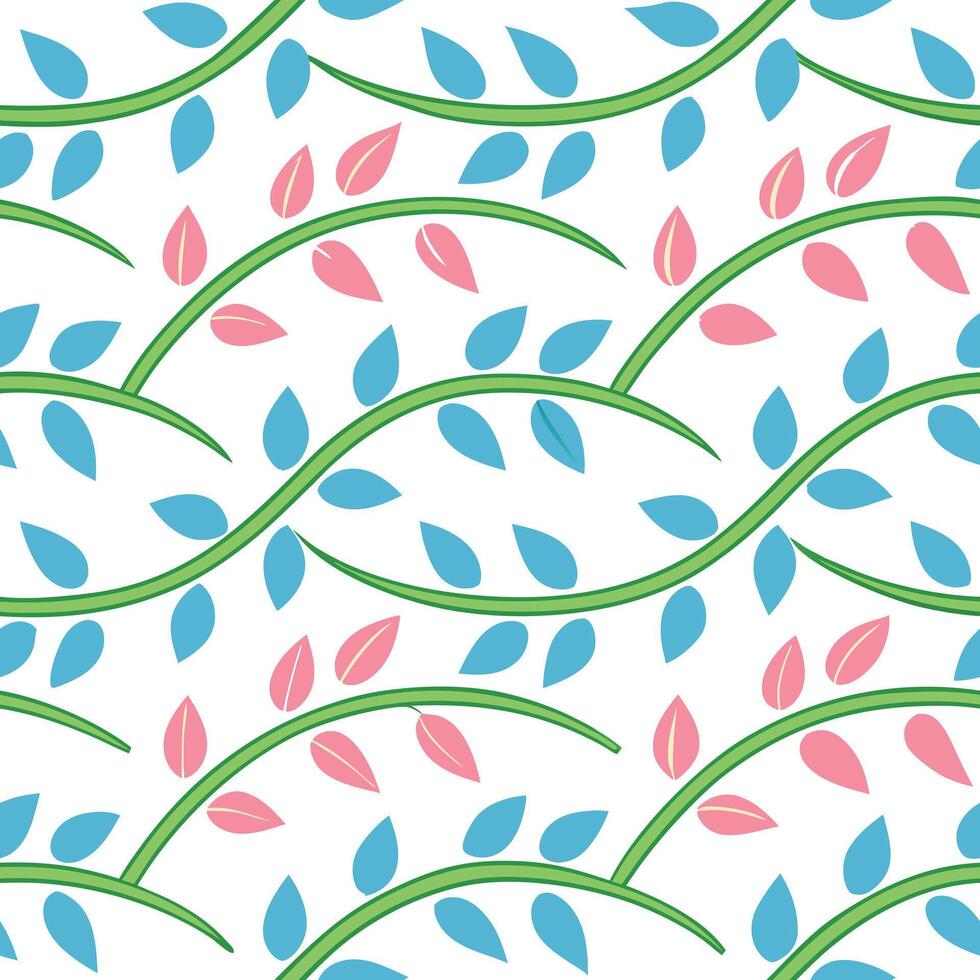 Seamless Pattern Green Vines, Blue and Pink Leaves, Floral Design vector