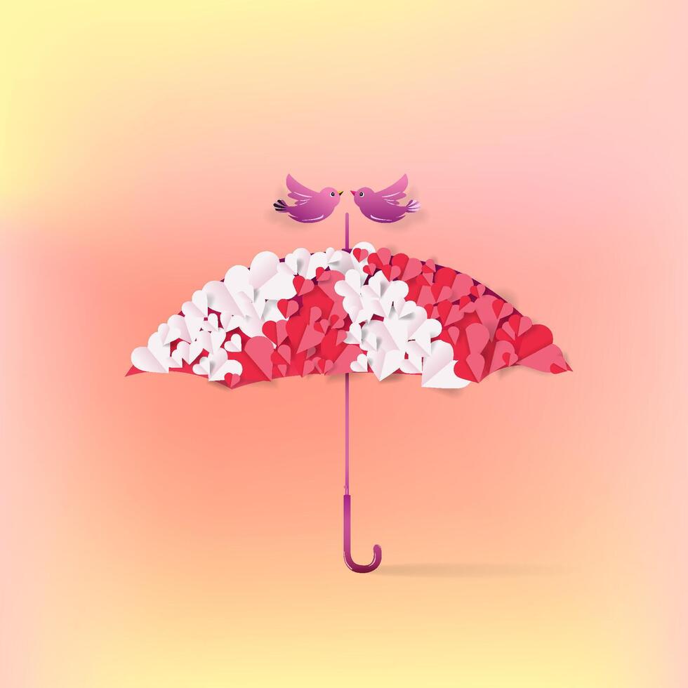 Valentine's Day background with umbrellas and decorations of love signs and birds vector