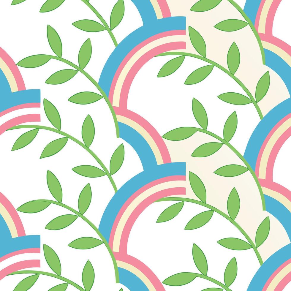 Pastel Rainbow Arcs and Green Leaves Seamless Pattern Design vector