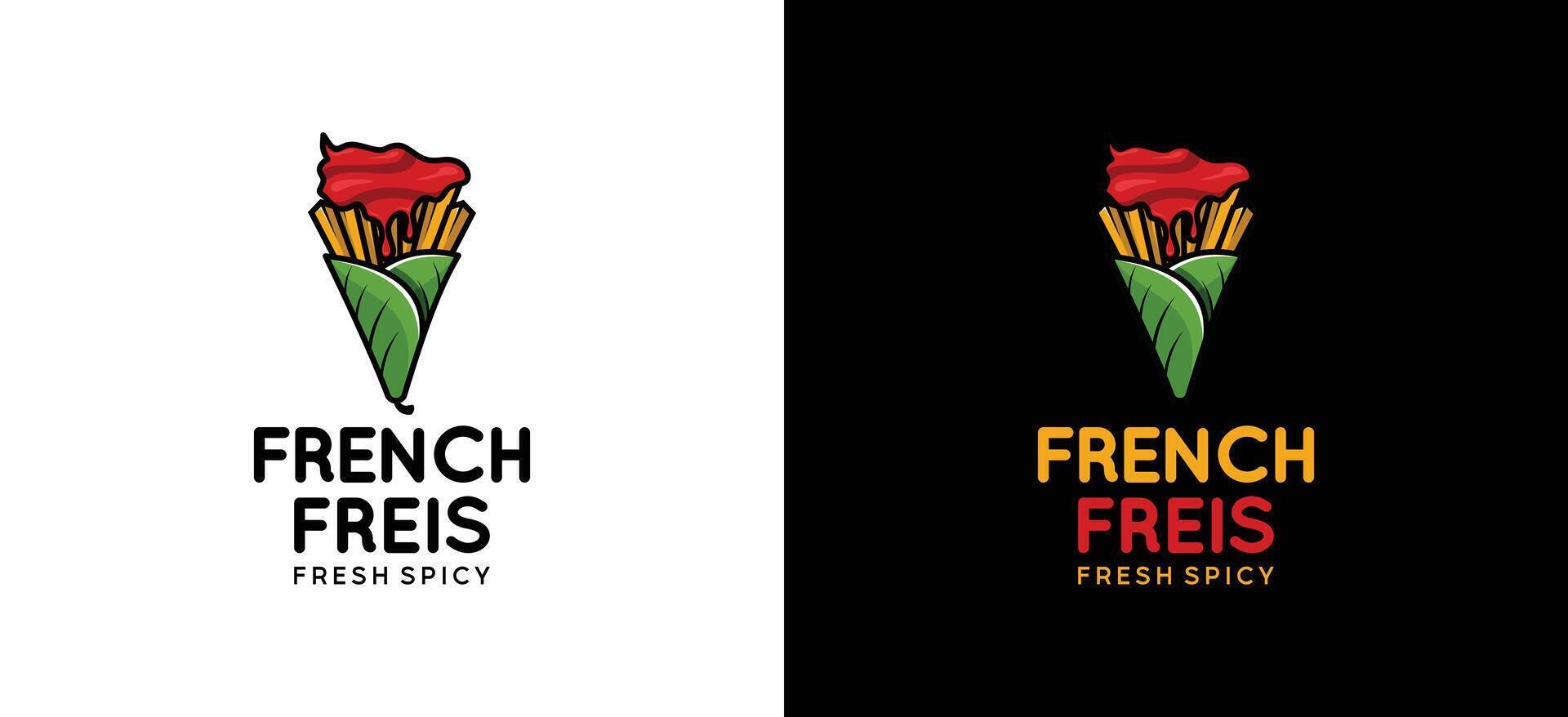 illustration of a logo design for hot sauce fries with green leaf cone packaging vector