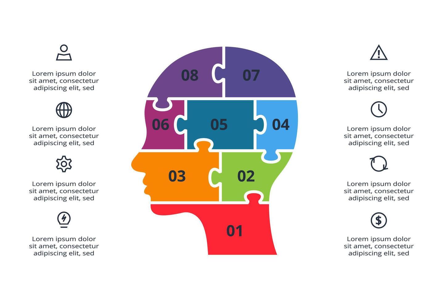 Puzzle infographic with 8 elements, presentations, vector