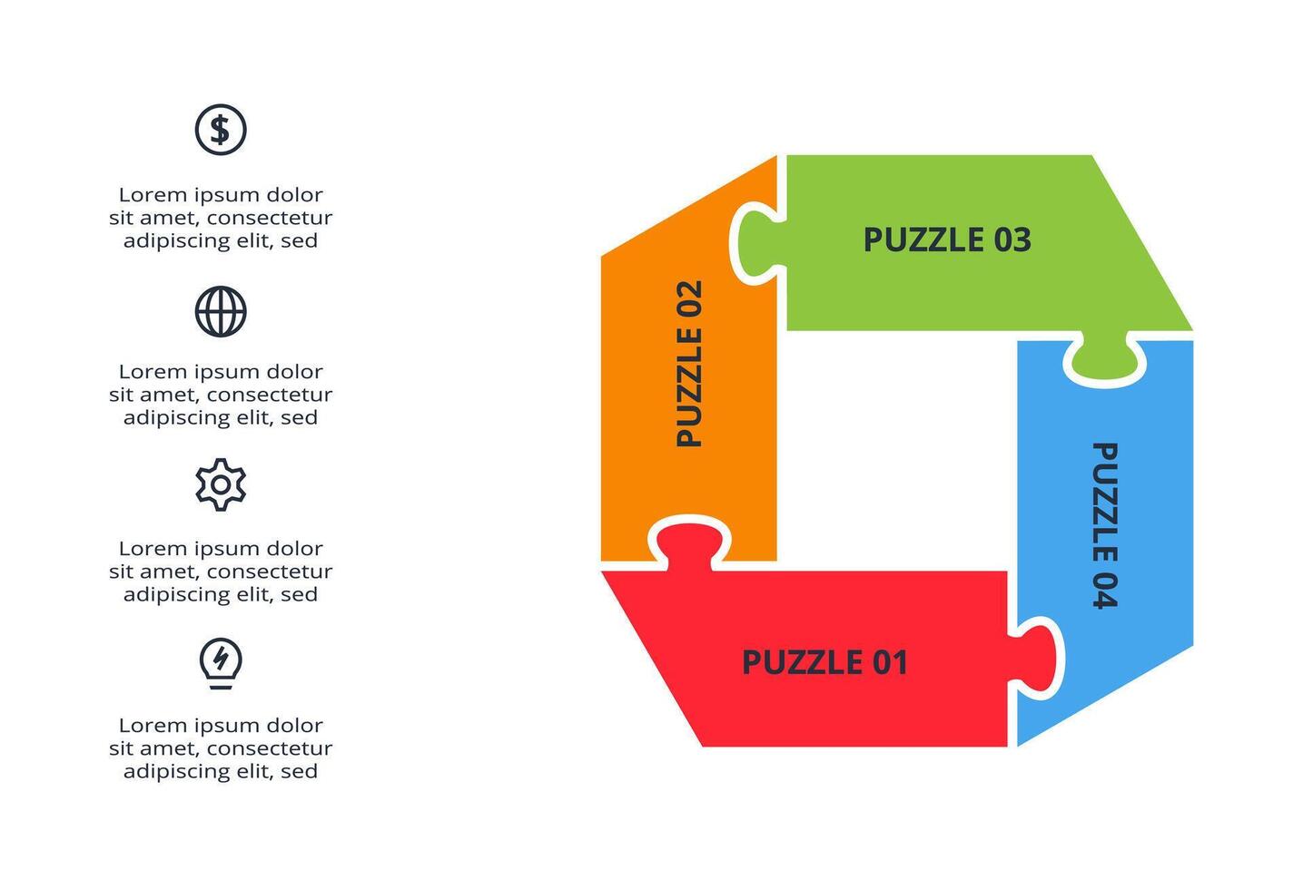Puzzle infographic with 4 elements, presentations, illustration. vector