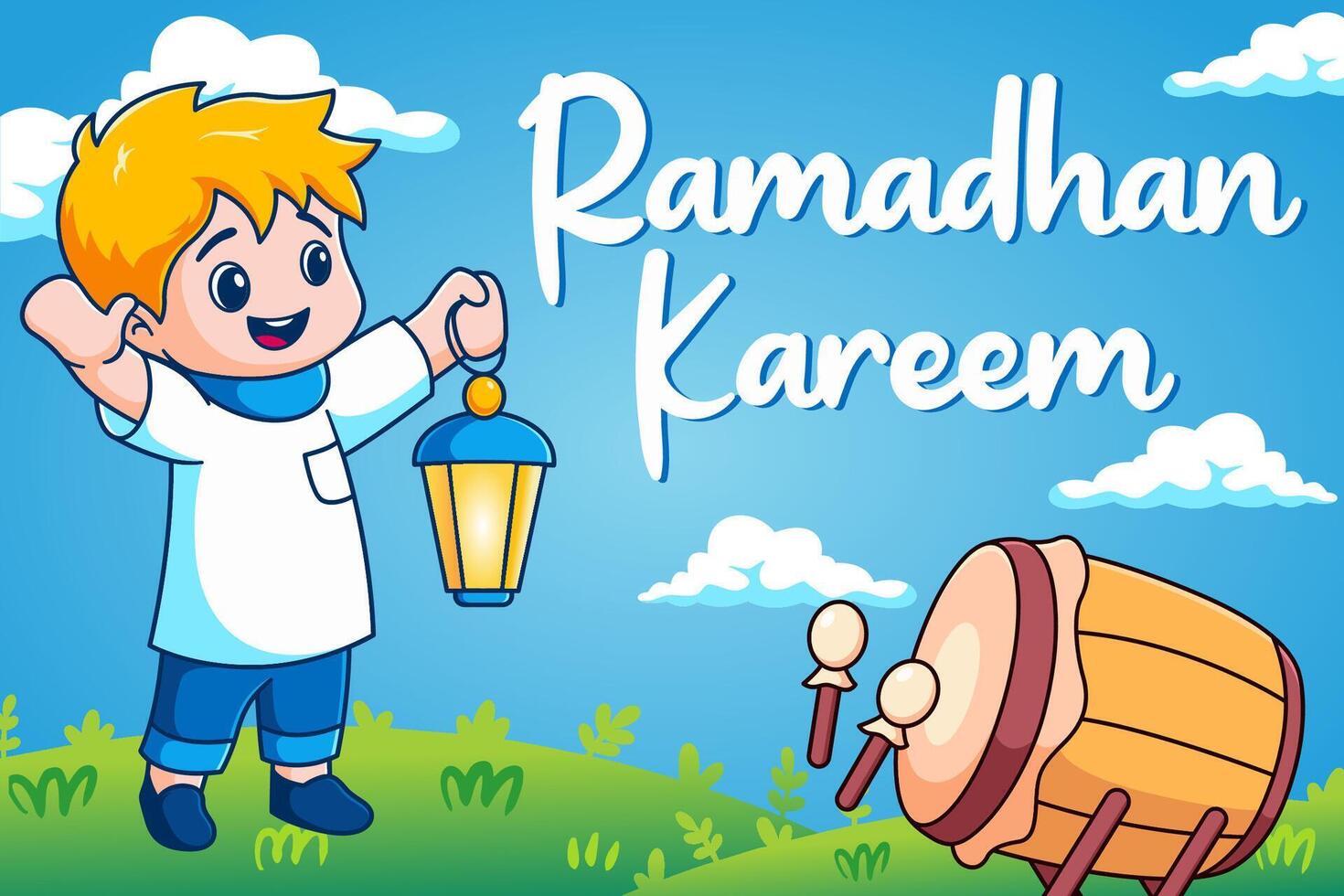 Ramadan Kareem greeting cartoon , Islamic kids background illustration vector
