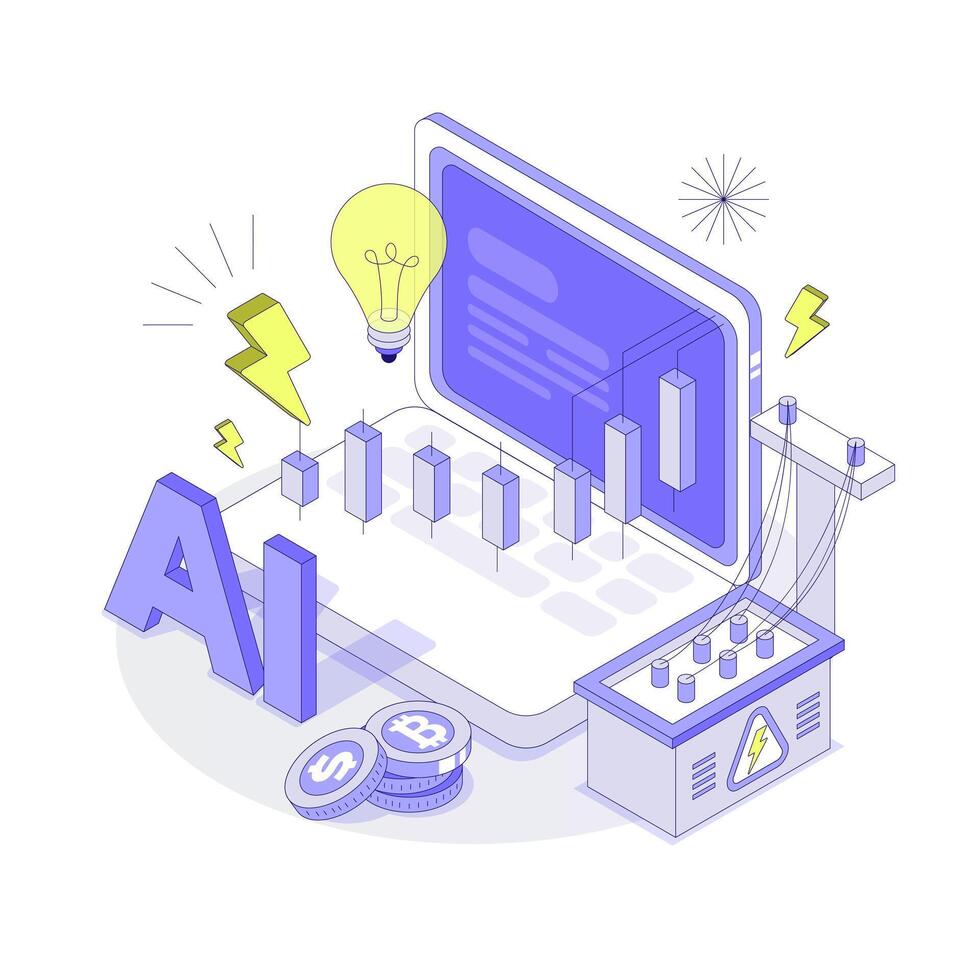 Ai Trading Energy abstract concept. Stock Market Graph and Chart turns intro energy. Artificial Intelligence Analysis Technology and Machine Learning Concept. Isometric illustration vector