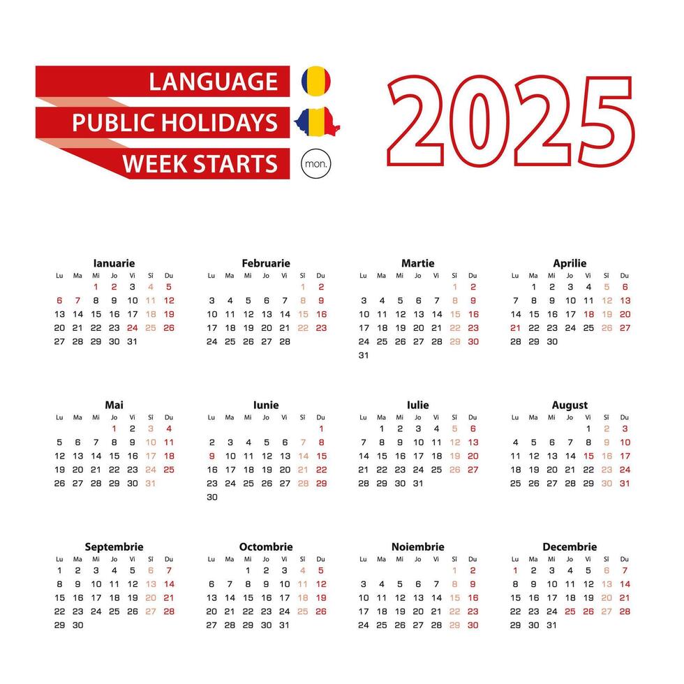 Calendar 2025 in Romanian language with public holidays the country of Romania in year 2025. vector