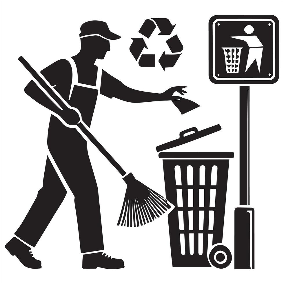 Janitor with Tools Silhouette Logo Design vector