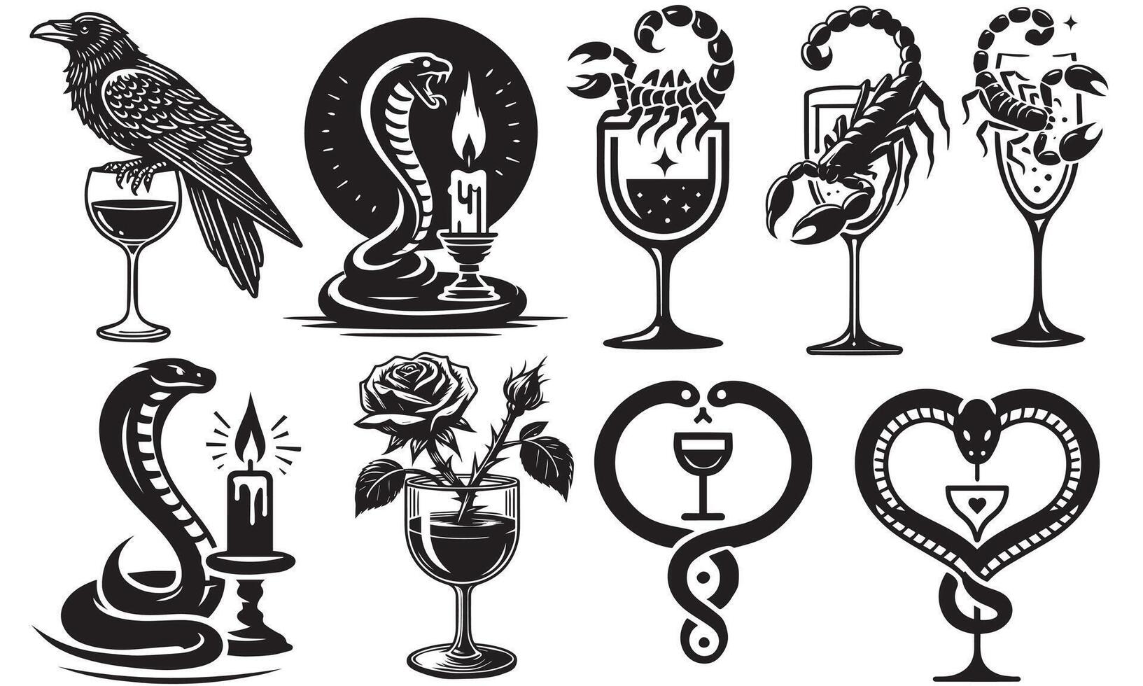 A snake on a wine glass illustration in black and white Set vector