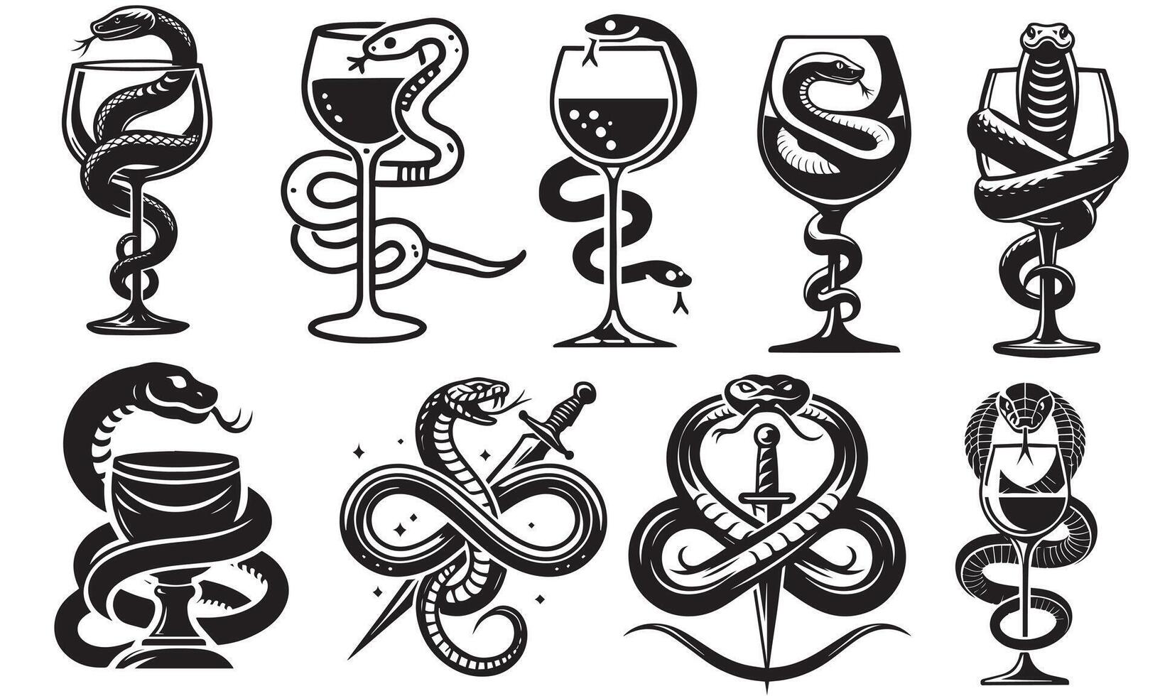 A snake on a wine glass illustration in black and white Set Design vector